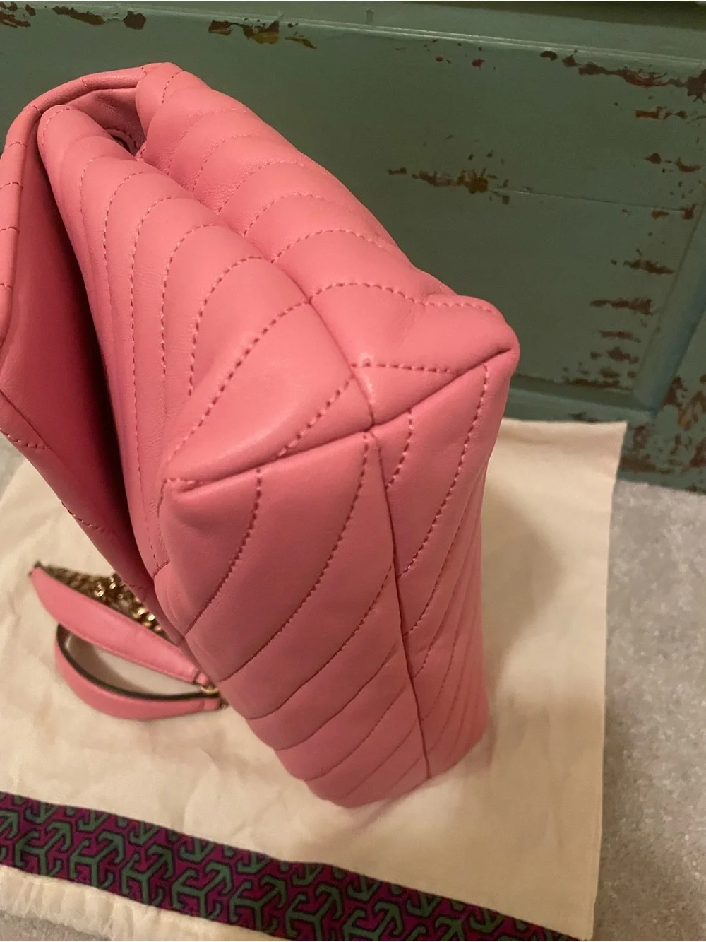 Tory Burch Pink Chevron Quilted Shoulder Bag with Gold Chain